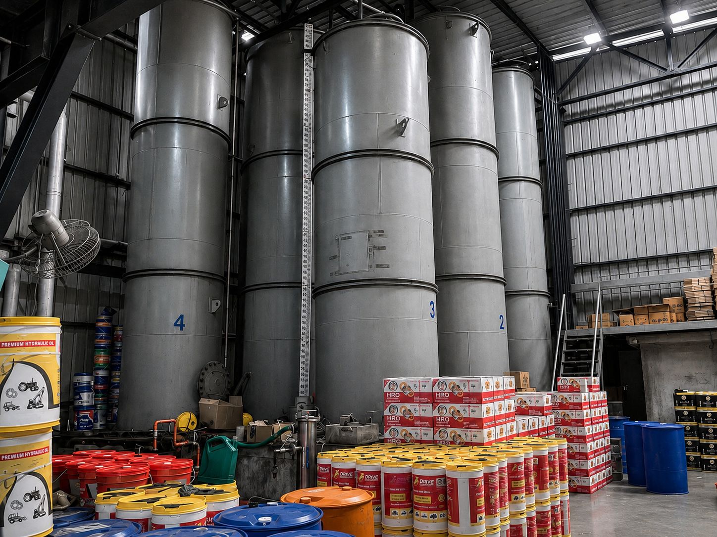 Bulk storage tanks and packed pails in the Goldtap raw material storage area