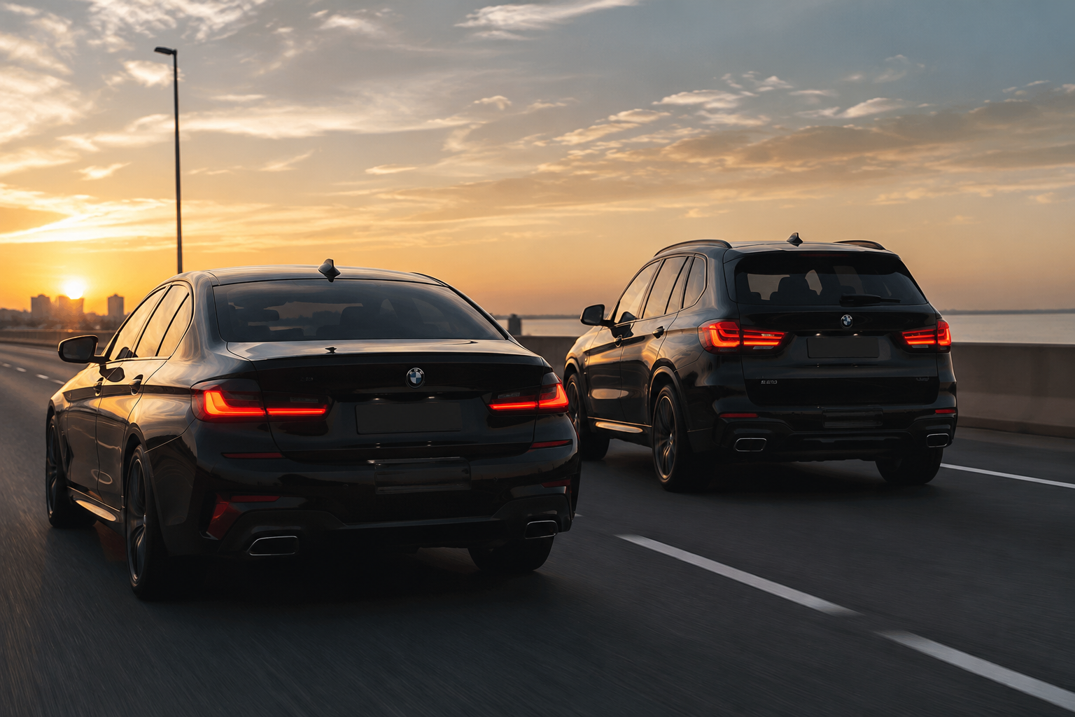 Premium vehicles on a highway at sunset — Goldtap automotive lubricants