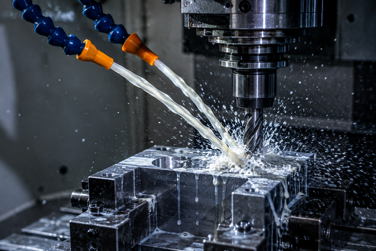 CNC machining center with coolant spray — Goldtap automotive and industrial coolants