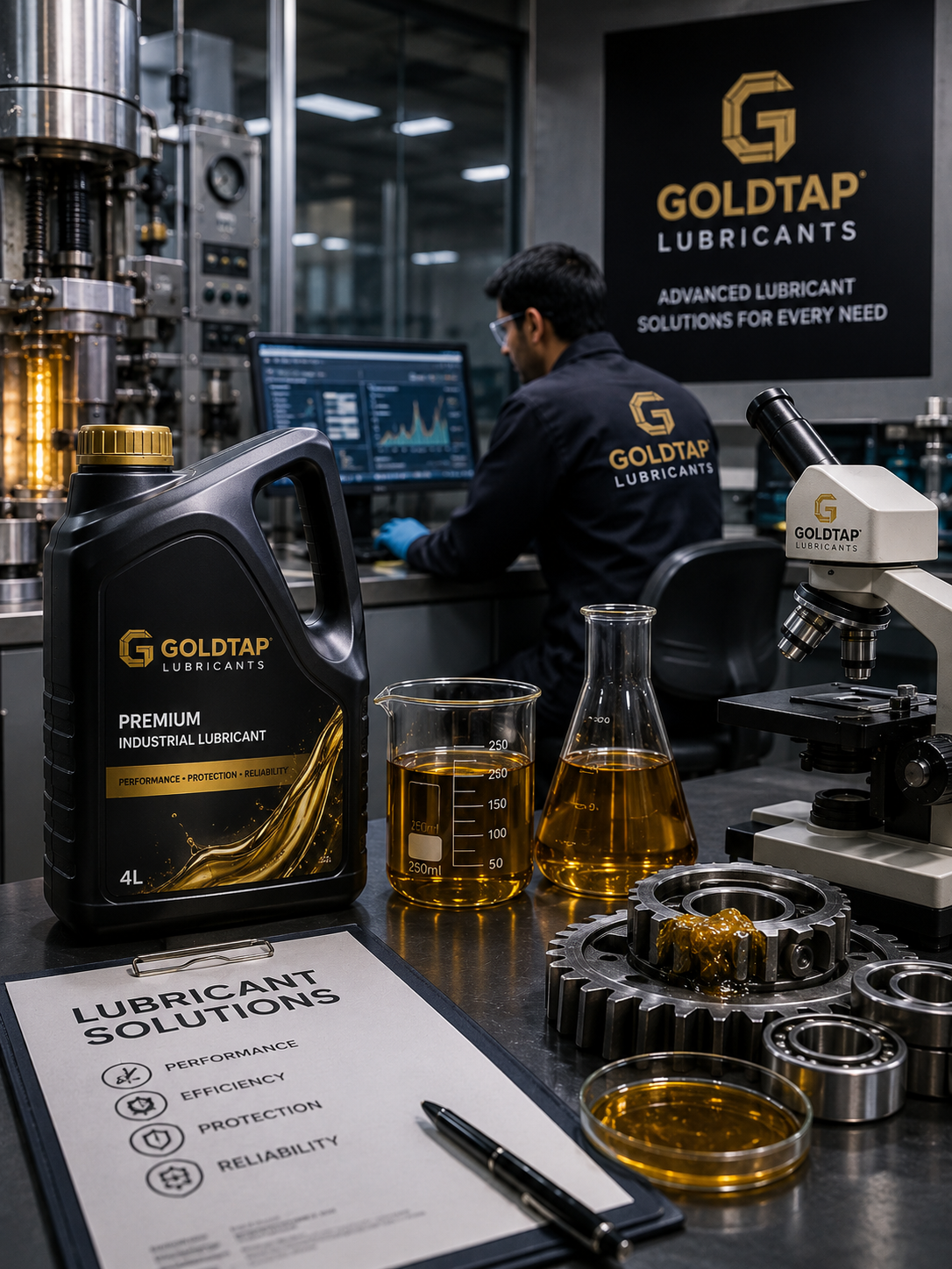 Goldtap lubricant solutions laboratory with product bottle, oil samples, microscope and technical equipment