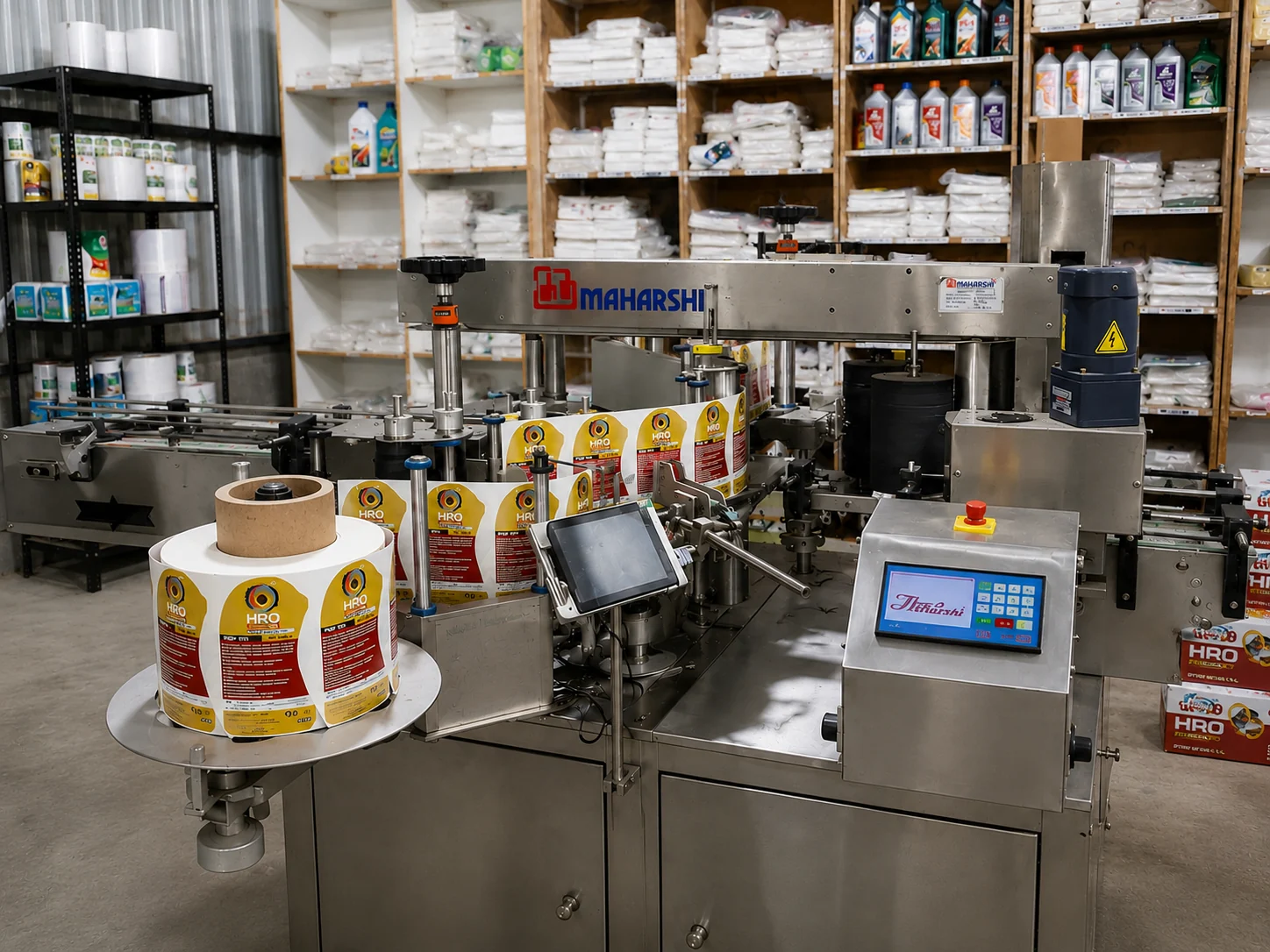 Automated lubricant bottle labelling line at Goldtap manufacturing facility
