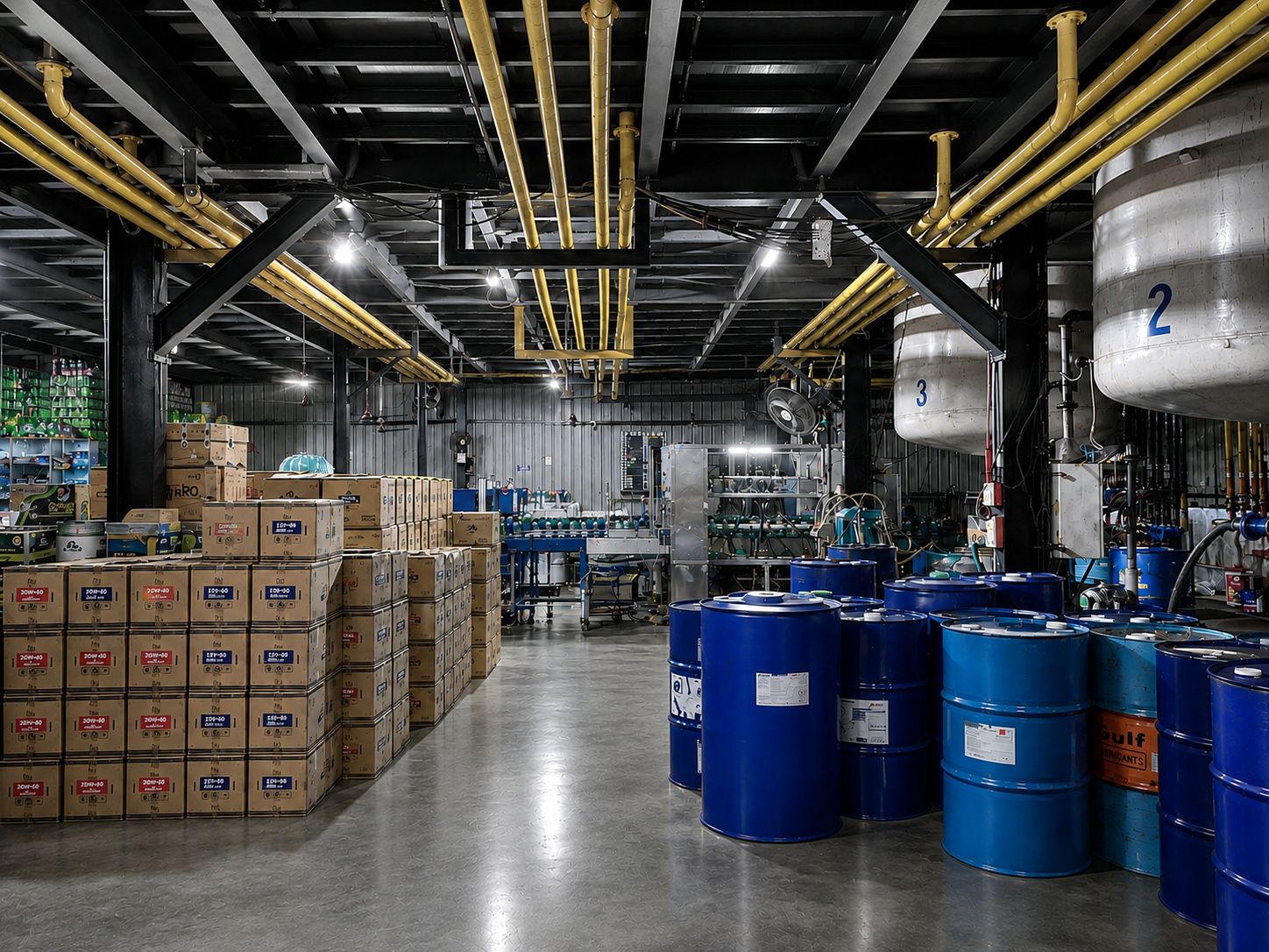 Packaging area with conveyor line, packed cartons and finished lubricant drums