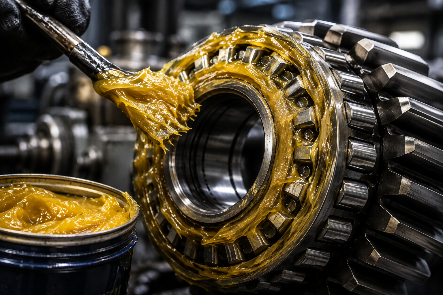 Golden industrial grease applied to a bearing and gear assembly — Goldtap greases