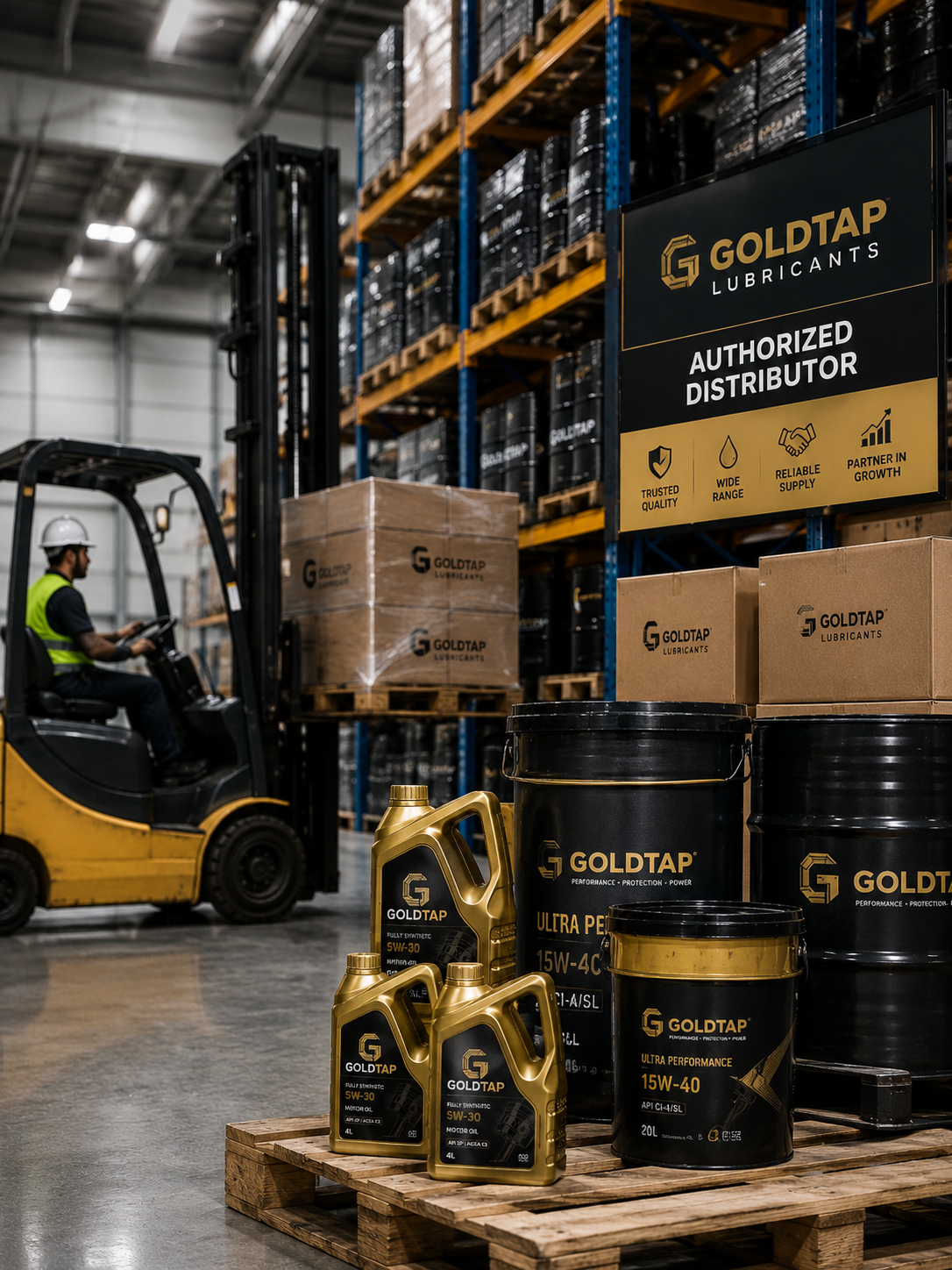 Goldtap authorized distributor warehouse with forklift, pallets, lubricant drums and packaged products